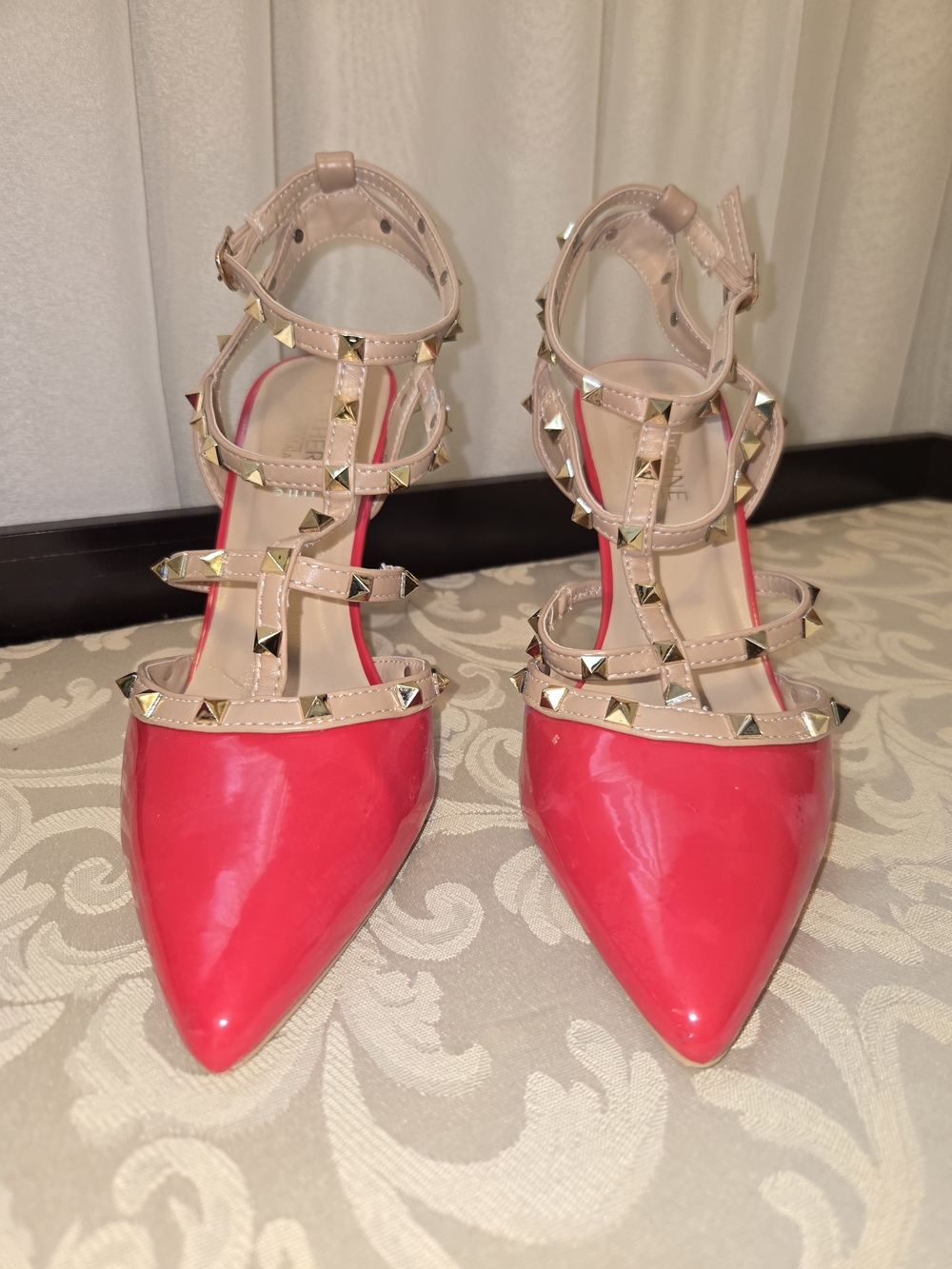 Studded Strappy Pointed-Toe Heels in Red and Nude - Picture 5 of 11